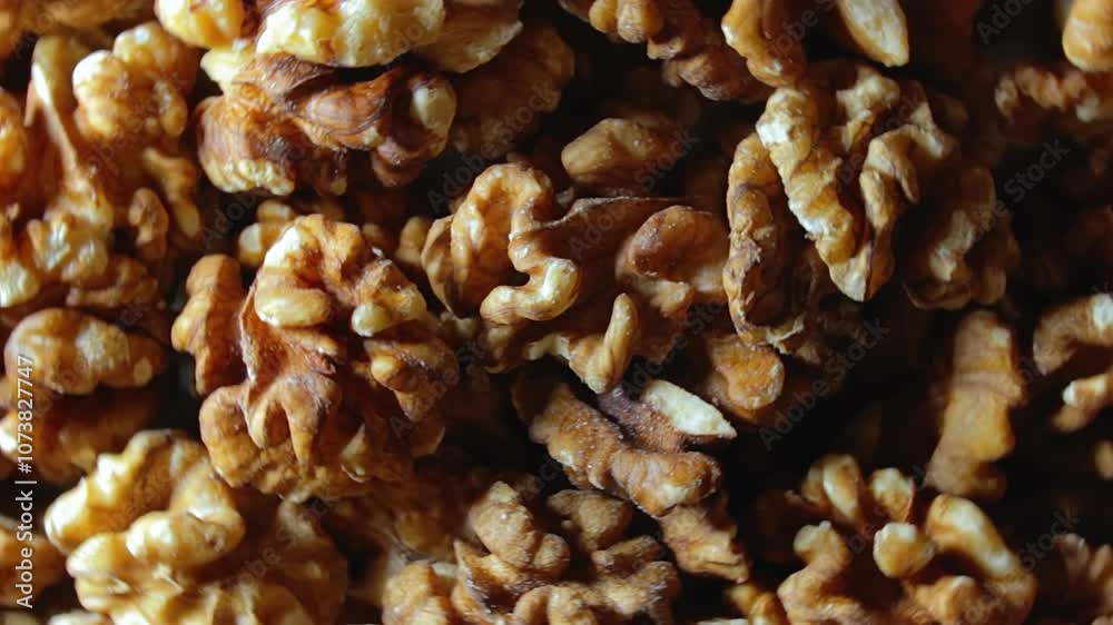 Scattered Shelled Walnuts - Top View, Rotating. Turning Walnut Background. Natural High-Calorie Snacks - Rotation Scattered Shelled Walnuts - Top View, Rotating. Turning Walnut Background. Natural High-Calorie Snacks - Rotation