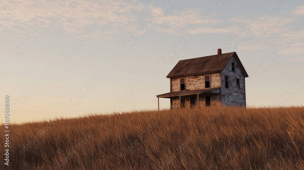 Memories of the Past: Rustic Farmhouse in Golden Wheat Fields under Dusk Sky, Eliciting Nostalgia Memories of the Past: Rustic Farmhouse in Golden Wheat Fields under Dusk Sky, Eliciting Nostalgia