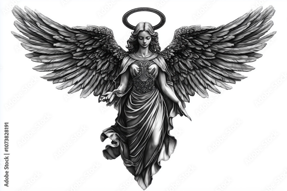 Fototapeta premium Elegant angel tattoo with artistically designed feathers and soft shading