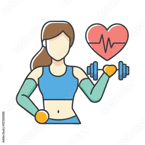 Fitness icon of woman lifting dumbbell, Illustration of a fit woman lifting a dumbbell, symbolizing health, exercise, and heart health awareness, with heartbeat icon.
