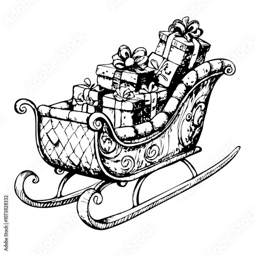 A large white sled with a lot of presents on it