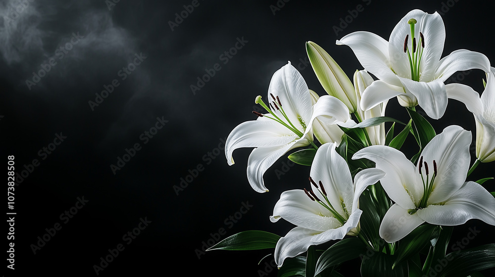 White lilies in dark setting with soft smoke effect, mourning background with copy space White lilies in dark setting with soft smoke effect, mourning background with copy space