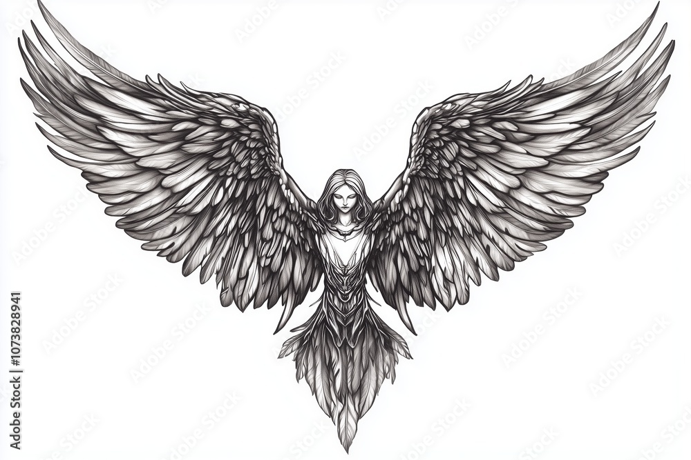 Obraz premium Artistic angel tattoo with wide wings and soft lines