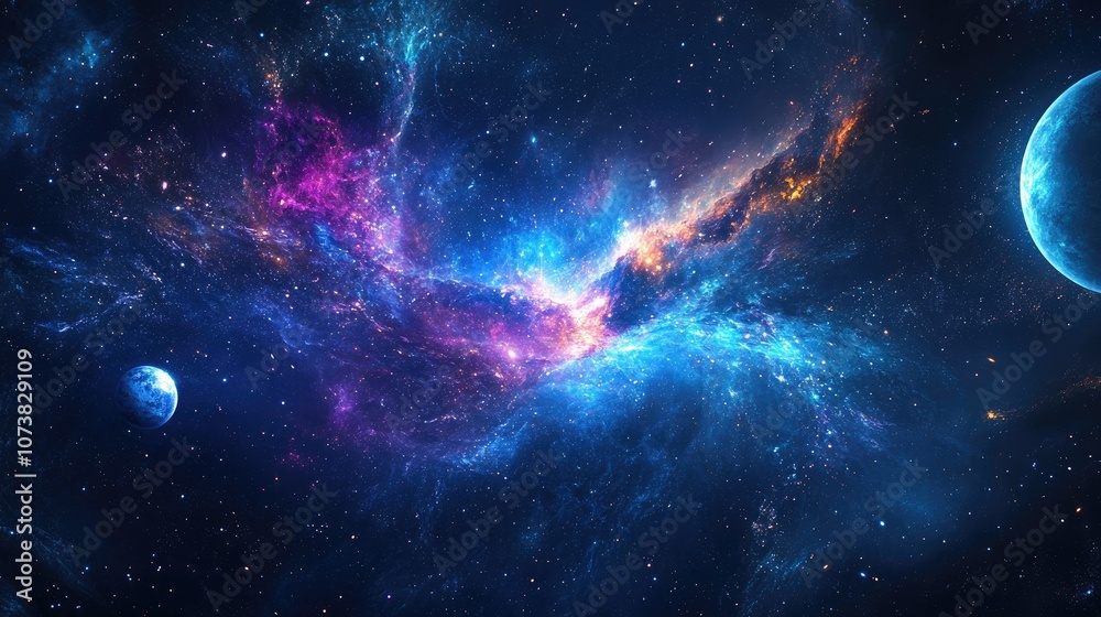 Fototapeta premium Abstract colorful cosmic background sci fi wallpaper Stunning galaxy amidst the universe Stellar explosions in space Planets within a distant solar system