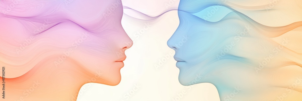 Two abstract silhouettes in pastel hues illustrate the themes of communication and empathy, blending seamlessly in a minimalist design. Generative AI Two abstract silhouettes in pastel hues illustrate the themes of communication and empathy, blending seamlessly in a minimalist design. Generative AI