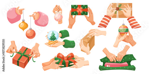 Various hands interacting with gifts and ornaments on a white background. Vector illustration