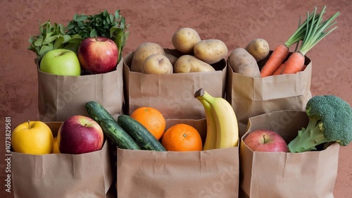 Collection of grocery paper bag, 6 pieces, full of fruits and vegetables isolated on clay background, fresh healthy food for delivery. photo