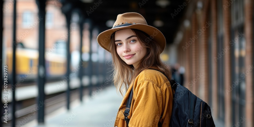 Young Woman with a Hat at a Train Station, Capturing a Moment of Travel and Adventure Young Woman with a Hat at a Train Station, Capturing a Moment of Travel and Adventure
