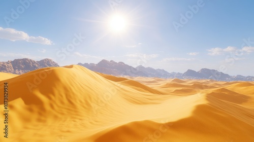 A breathtaking view of golden sand dunes under the bright sun, showcasing the vastness of the desert landscape.