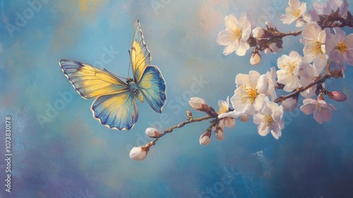 Vibrant blue and yellow butterfly in flight near a blooming apricot branch captured in spring against a soft blue and violet backdrop A refined macro nature image with elegant composition