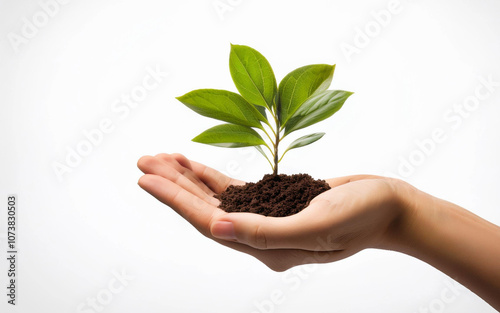 mano extendida con una planta sobre fondo blanco