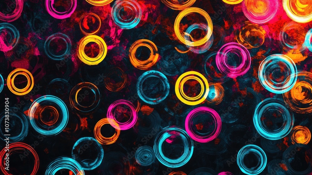 Vibrant neon circles creating a complex tech inspired pattern ideal for digital wallpapers