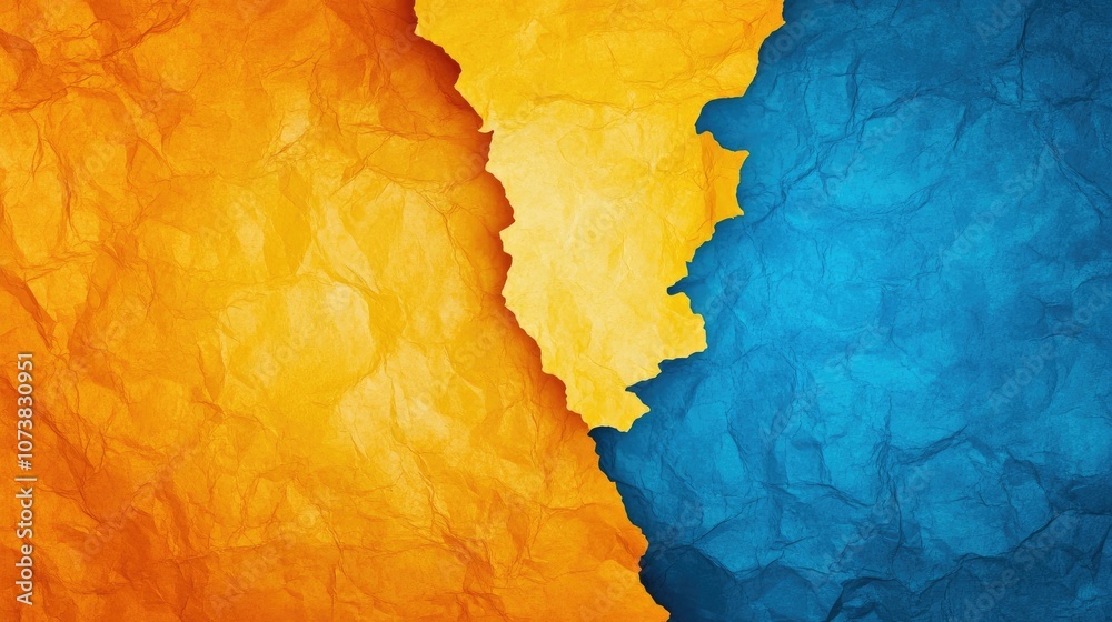 Top view of textured paper background featuring yellow and blue colors Two vertical sections create a striking visual contrast Top view of textured paper background featuring yellow and blue colors Two vertical sections create a striking visual contrast
