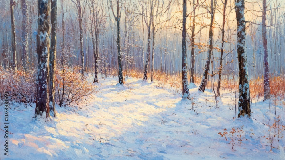 Sunlit snowy forest path with vibrant trees and enchanting atmosphere Sunlit snowy forest path with vibrant trees and enchanting atmosphere