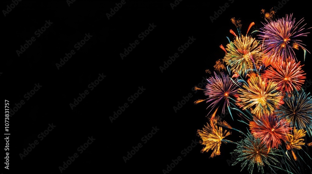 Vibrant fireworks bursts against a black backdrop creating a festive and expansive scene with ample space for text Vibrant fireworks bursts against a black backdrop creating a festive and expansive scene with ample space for text