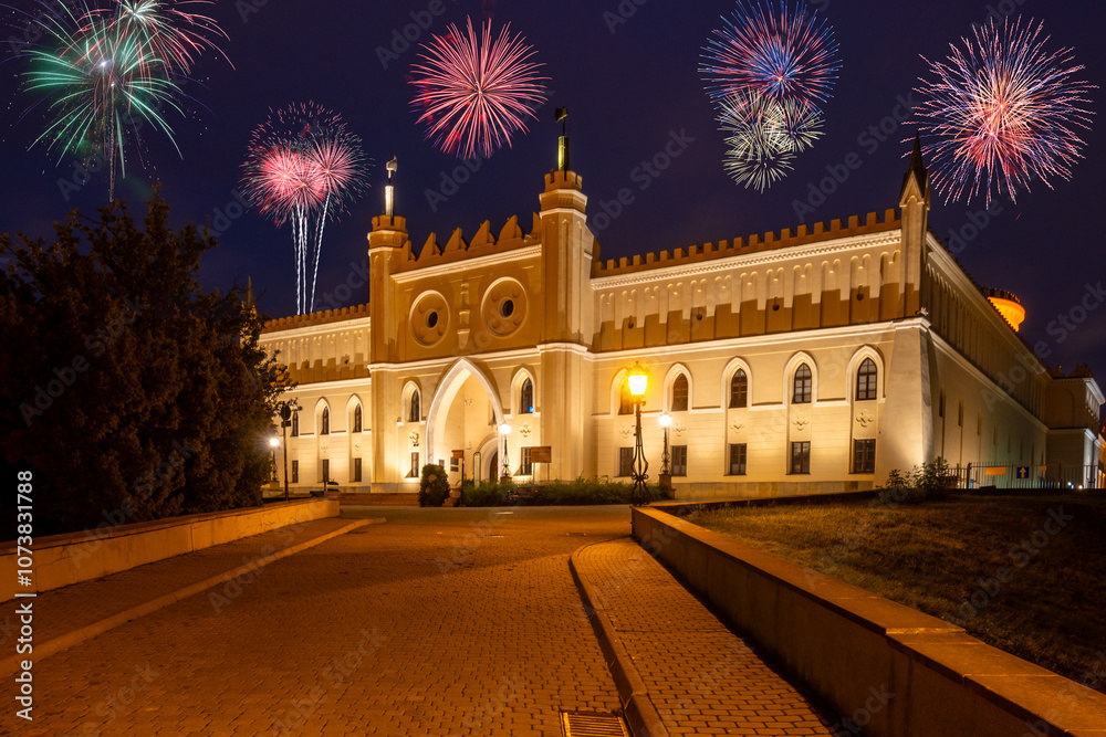 Fototapeta premium New year celebrate fireworks over the Lublin Royal Castle. Poland, Europe