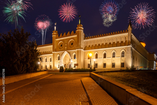 New year celebrate fireworks over the Lublin Royal Castle. Poland, Europe