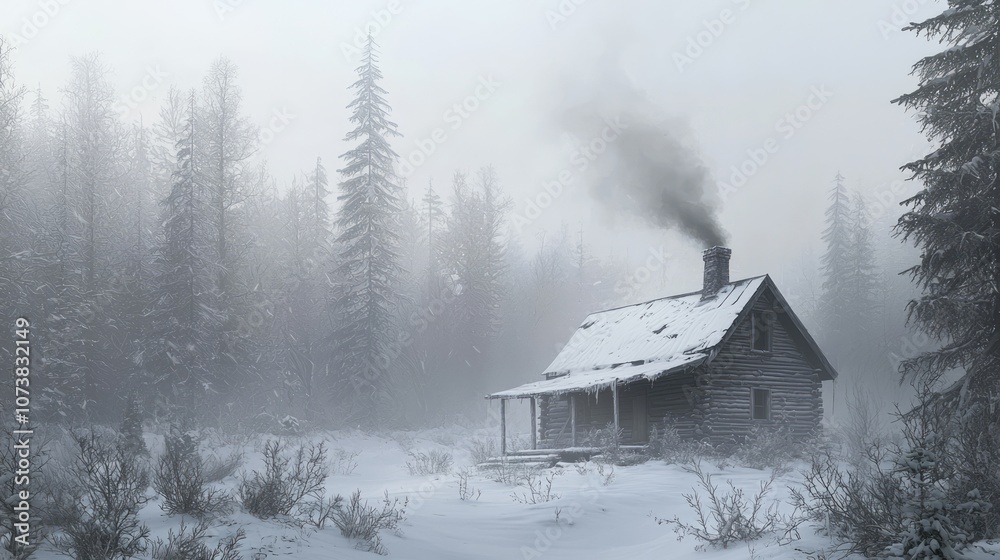 Cozy Abandoned Cabin Nestled in Snowy Woods with Smoking Chimney, Invoking Warmth and Solitude