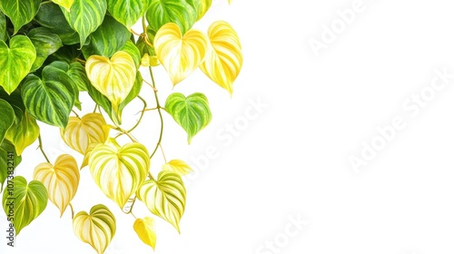 Tropical Philodendron Hederaceum Scandens creeper plant featuring yellow striped leaves isolated against a white background photo