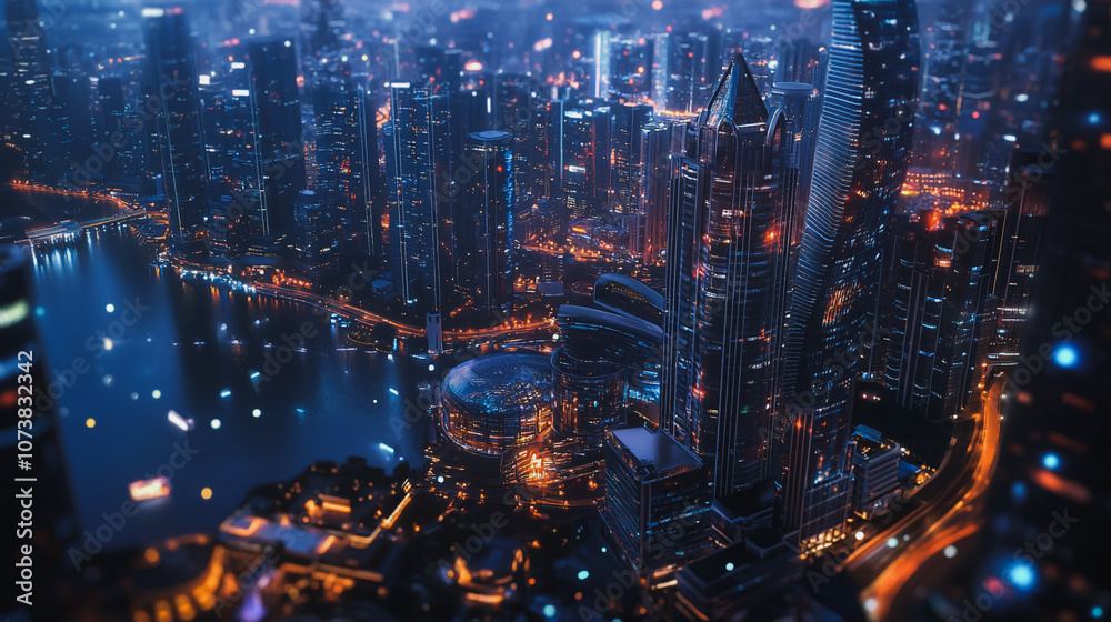 Fototapeta premium Smart digital Innovation city Business skyscrapers in the Financial District with connection network reciprocity over the cityscape. of future smart wireless digital city and social media networking