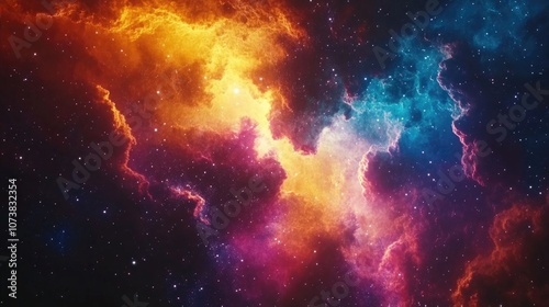 Vibrant galaxy nebula with colorful clouds Starry cosmos featuring universal science and astronomy elements Supernova backdrop for space exploration through moons and stars