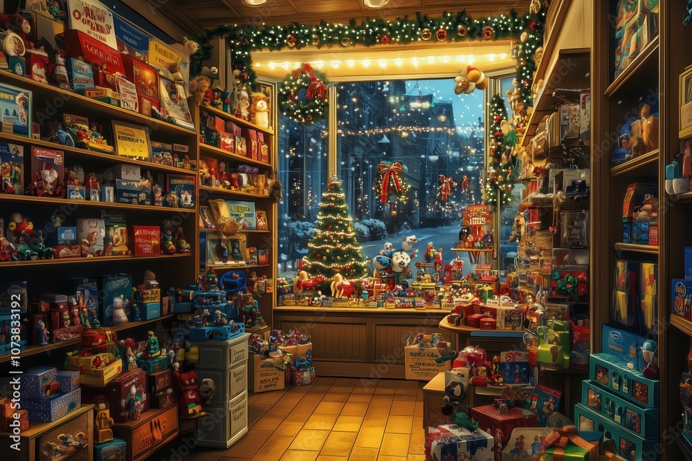 Holiday cheer in a toy shop with twinkling lights and gifts Holiday cheer in a toy shop with twinkling lights and gifts