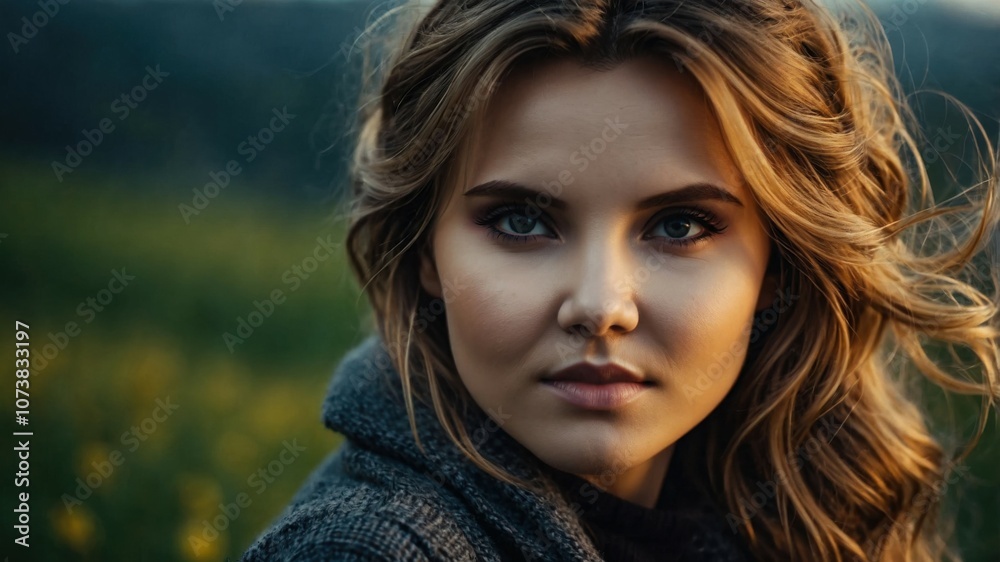 Close-up portrait of a woman with wavy hair and deep gaze, standing outdoors in a field with soft natural light.
Close-up portrait of a woman with wavy hair and deep gaze, standing outdoors in a field with soft natural light.