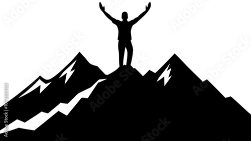 Joyful silhouette of a man on a mountain peak celebrating success in vector illustration