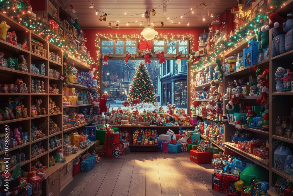 Naklejka premium Holiday display featuring toys and bright Christmas lighting