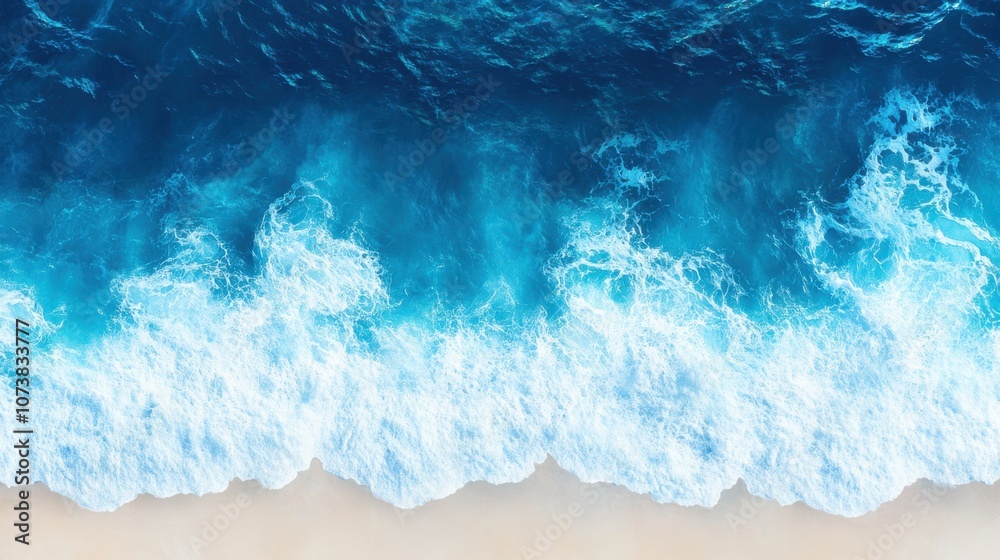 Aerial view of turquoise ocean waves crashing onto a sandy beach, showcasing the vibrant hues of nature. Aerial view of turquoise ocean waves crashing onto a sandy beach, showcasing the vibrant hues of nature.