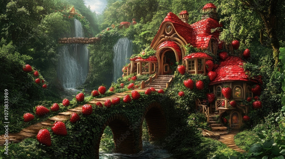 Fototapeta premium Nature landscape featuring a whimsical arch bridge and a charming strawberry themed house illustration