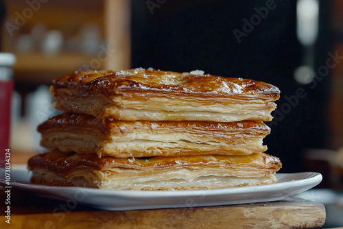 traditional burek pie close-up, flaky layers photo