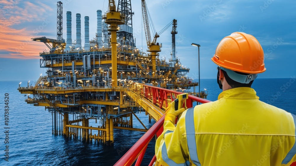 A worker in a yellow jumpsuit and hard hat stands on an offshore oil rig, overlooking the vast blue ocean. A worker in a yellow jumpsuit and hard hat stands on an offshore oil rig, overlooking the vast blue ocean.