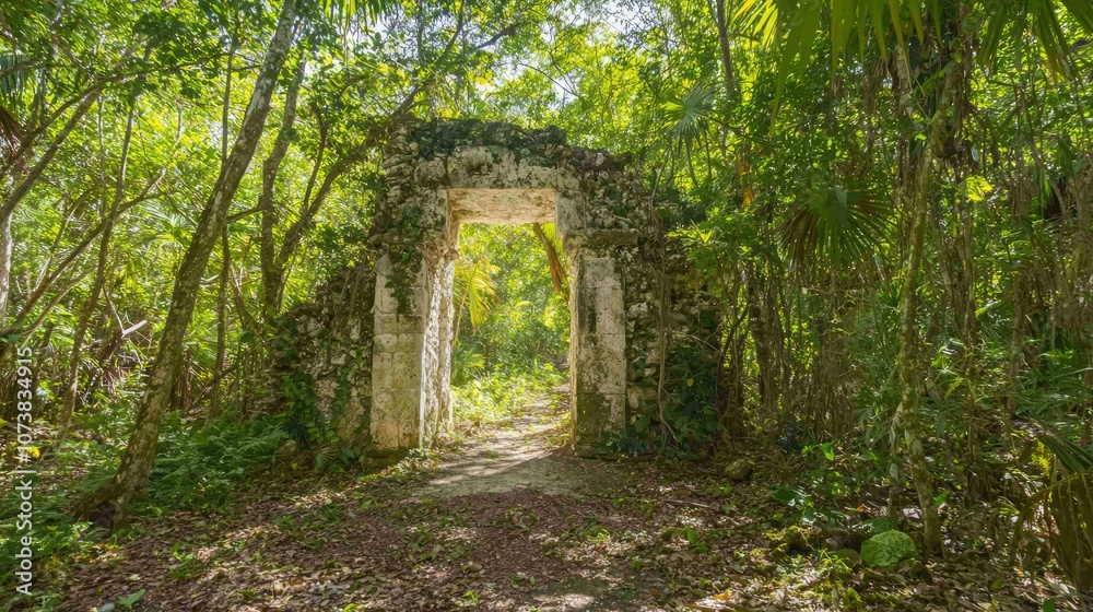 Enigmatic Stone Archway in Lush Forest Enshrouded by Foliage - Concept of Mystery and Abandonment in Nature Enigmatic Stone Archway in Lush Forest Enshrouded by Foliage - Concept of Mystery and Abandonment in Nature