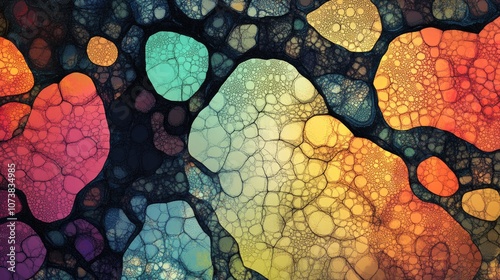 Abstract mosaic fractal illustration with vibrant colors and a fantasy inspired background