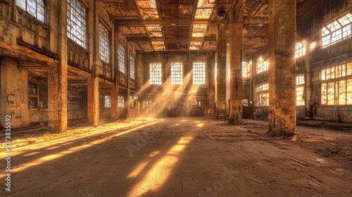 Echoes of Lost Industry: Abandoned Factory with Shattered Windows and Rusting Machinery in Dusty Light Beams