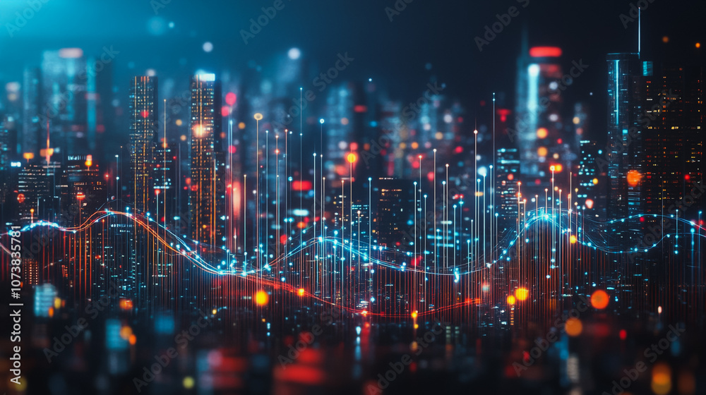 Fototapeta premium Smart digital Innovation city Business skyscrapers in the Financial District with connection network reciprocity over the cityscape. of future smart wireless digital city and social media networking
