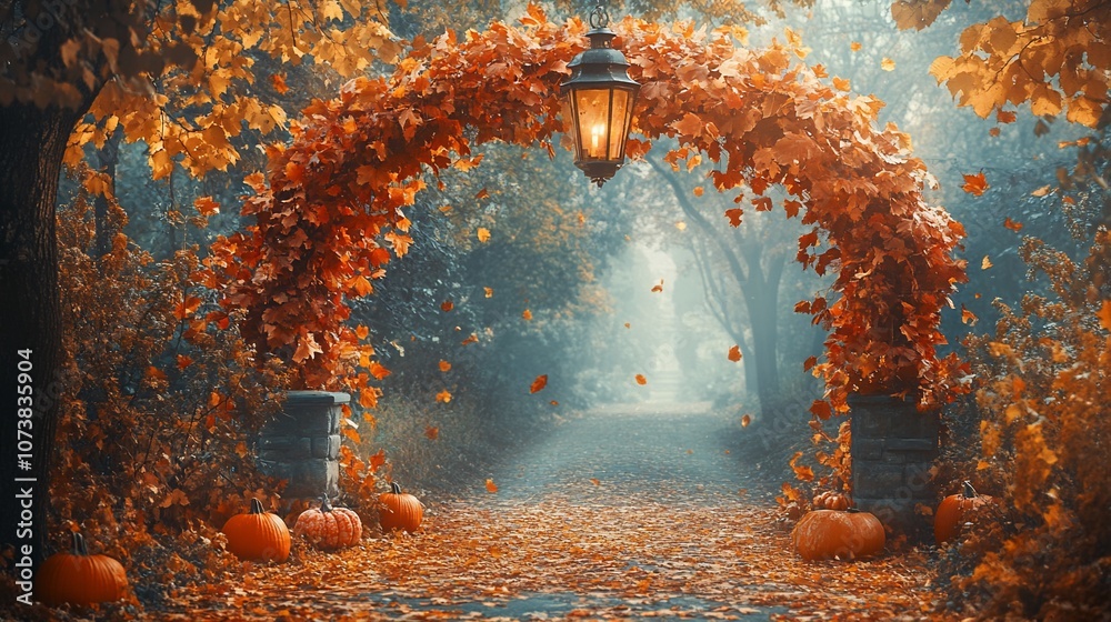 A path lined with pumpkins leads through an archway of autumn leaves and a glowing lantern. A path lined with pumpkins leads through an archway of autumn leaves and a glowing lantern.