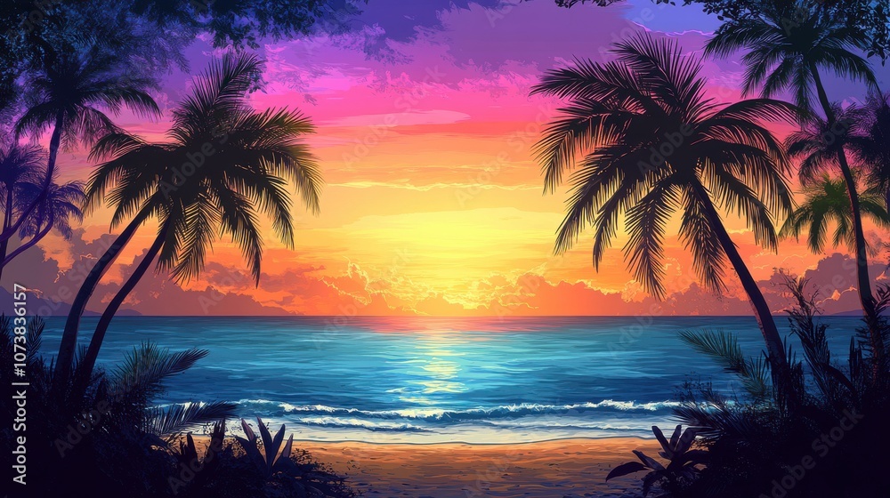 A breathtaking tropical sunset framed by silhouetted palm trees against vibrant hues of orange, pink, and blue. A breathtaking tropical sunset framed by silhouetted palm trees against vibrant hues of orange, pink, and blue.