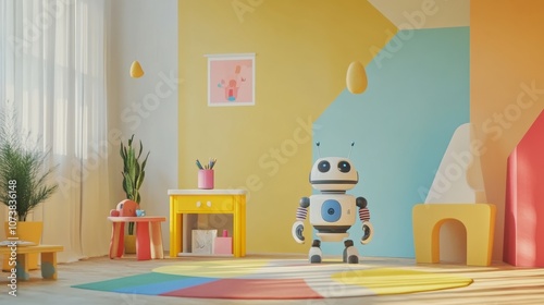 This vibrant children's room showcases friendly robots assisting with play and creativity in a cheerful, engaging environment. Generative AI
