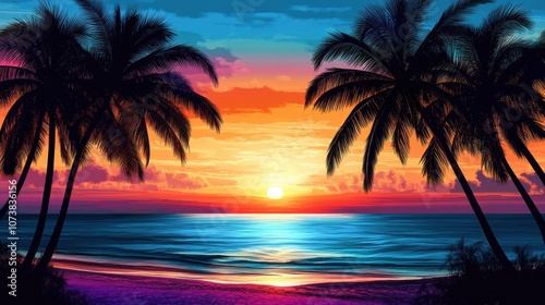 A vibrant sunset over the ocean with palm trees silhouetted against a colorful sky.