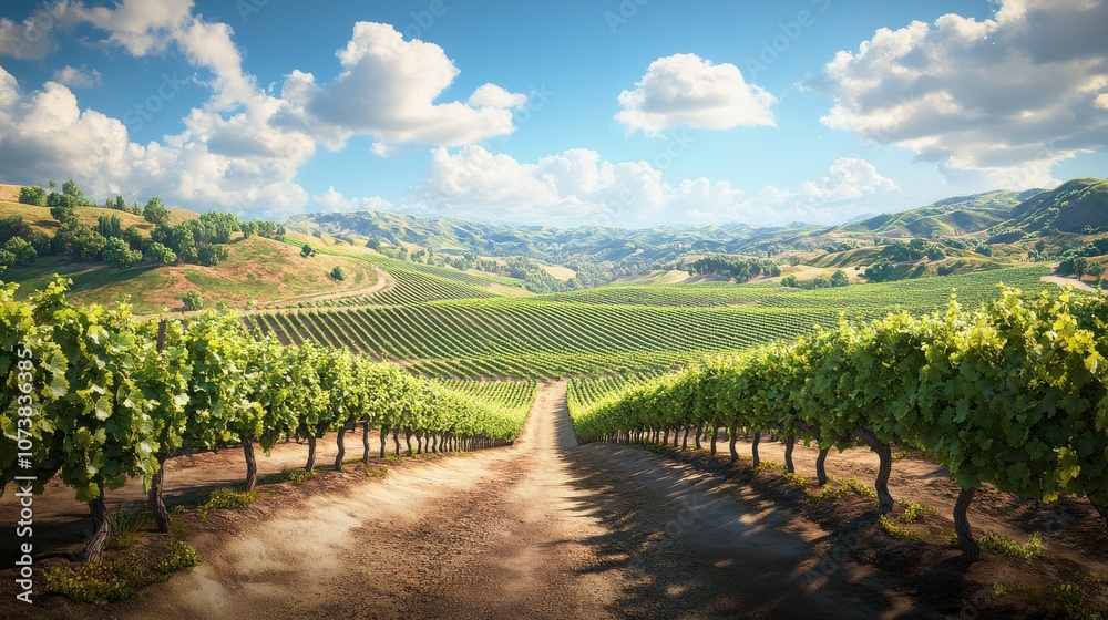 Naklejka premium A picturesque vineyard landscape, showcasing rows of grapevines under a bright blue sky with fluffy clouds.