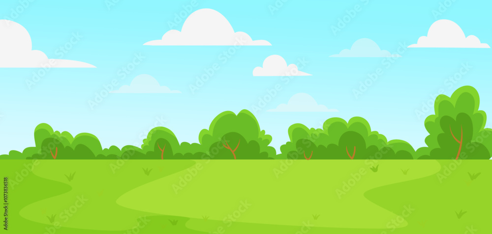 A vibrant green landscape featuring trees and clouds in a clear blue sky. Vector illustration