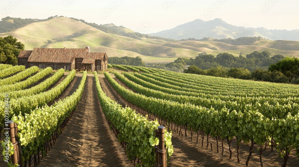 Naklejka premium Serene vineyard landscape showcasing lush green rows under a clear blue sky, perfect for wine enthusiasts.