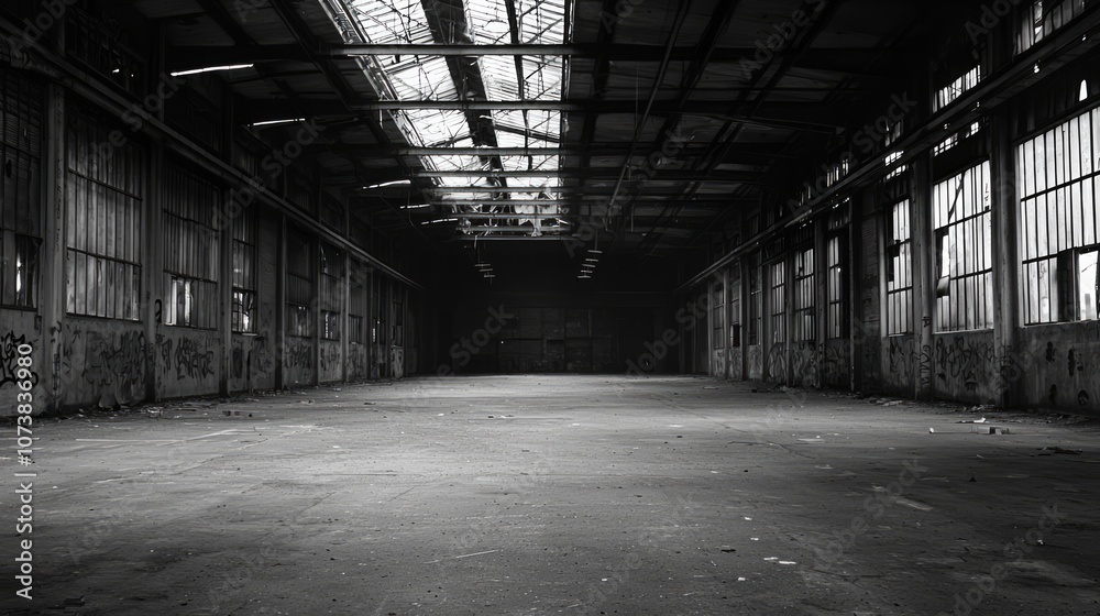 Resurrecting Memories: Ultra-Detailed Image of Abandoned Warehouse with Graffiti Walls and Broken Windows, Awaiting Revival Resurrecting Memories: Ultra-Detailed Image of Abandoned Warehouse with Graffiti Walls and Broken Windows, Awaiting Revival