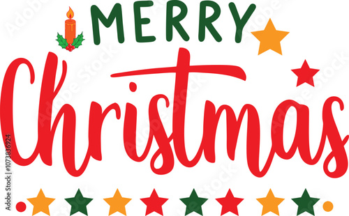A white background with the words Merry Christmas in red cursive script.  Green and gold stars decorate the top and bottom.