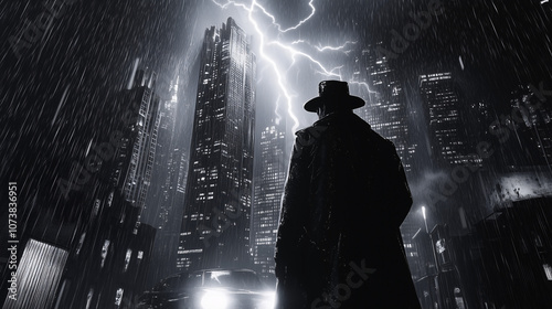 Detective silhouette of a person in the rain from Sin City 