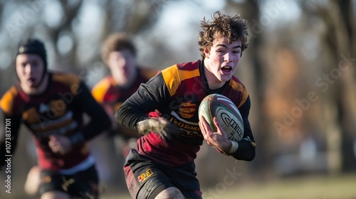 Rugby player runs with the ball during a game.