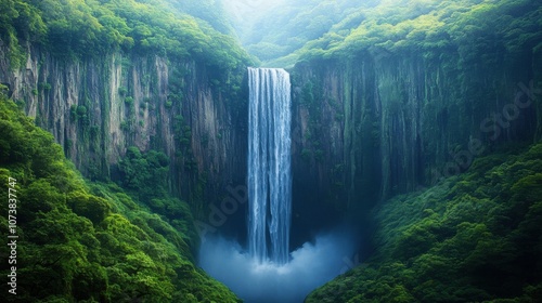 A breathtaking view of a majestic waterfall cascading down steep cliffs, surrounded by lush greenery.