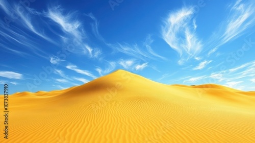 Vast golden sand dunes under a bright blue sky with wispy clouds, creating a serene and tranquil desert landscape.